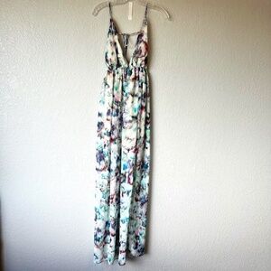 Lavender Brown maxi, V neck, watercolor print dress